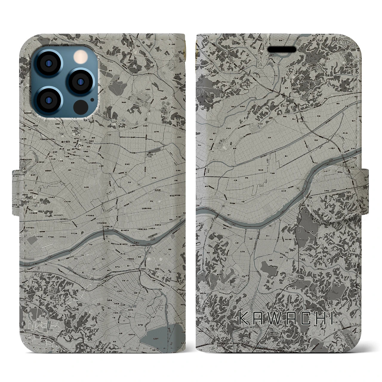 【河内(茨城県)】地図柄iPhoneケース(手帳タイプ)モノトーン・iPhone 12 / 12 Pro 用