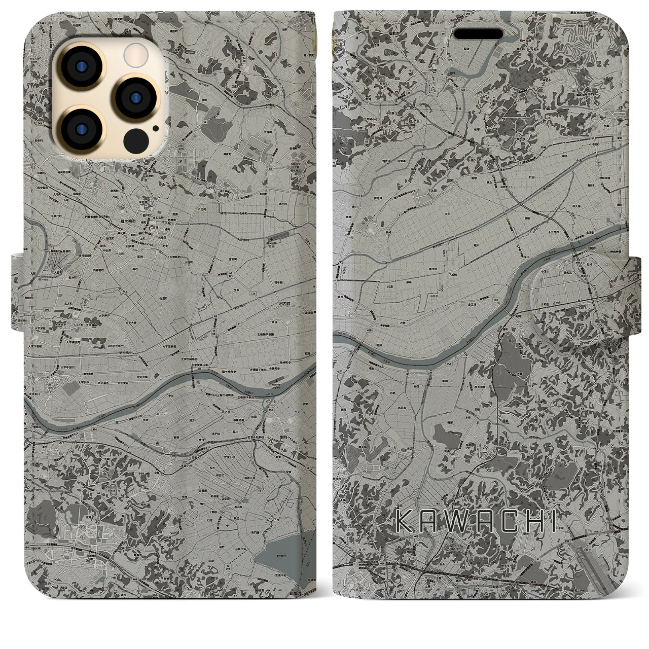 【河内(茨城県)】地図柄iPhoneケース(手帳タイプ)モノトーン・iPhone 12 Pro Max 用
