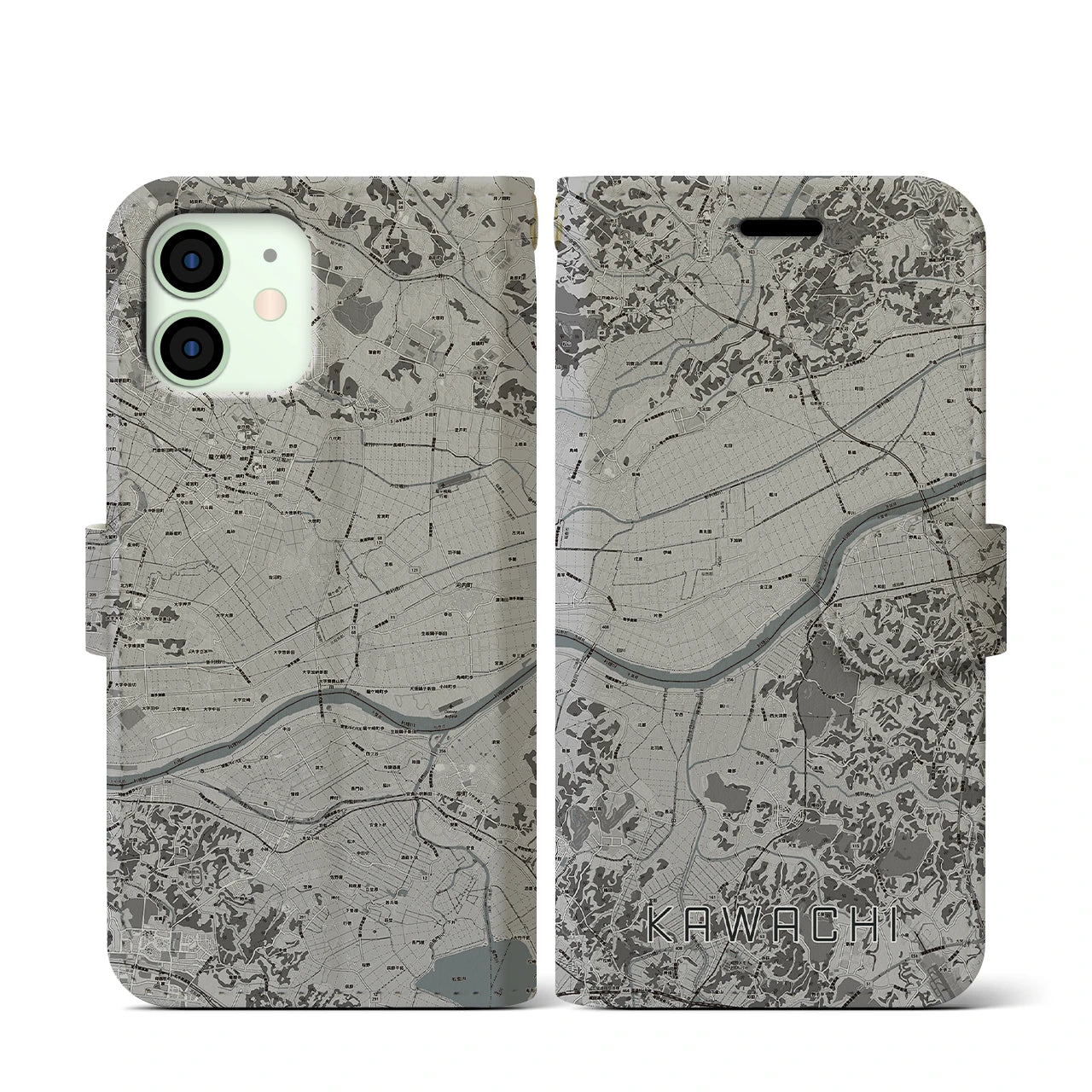 【河内(茨城県)】地図柄iPhoneケース(手帳タイプ)モノトーン・iPhone 12 mini 用