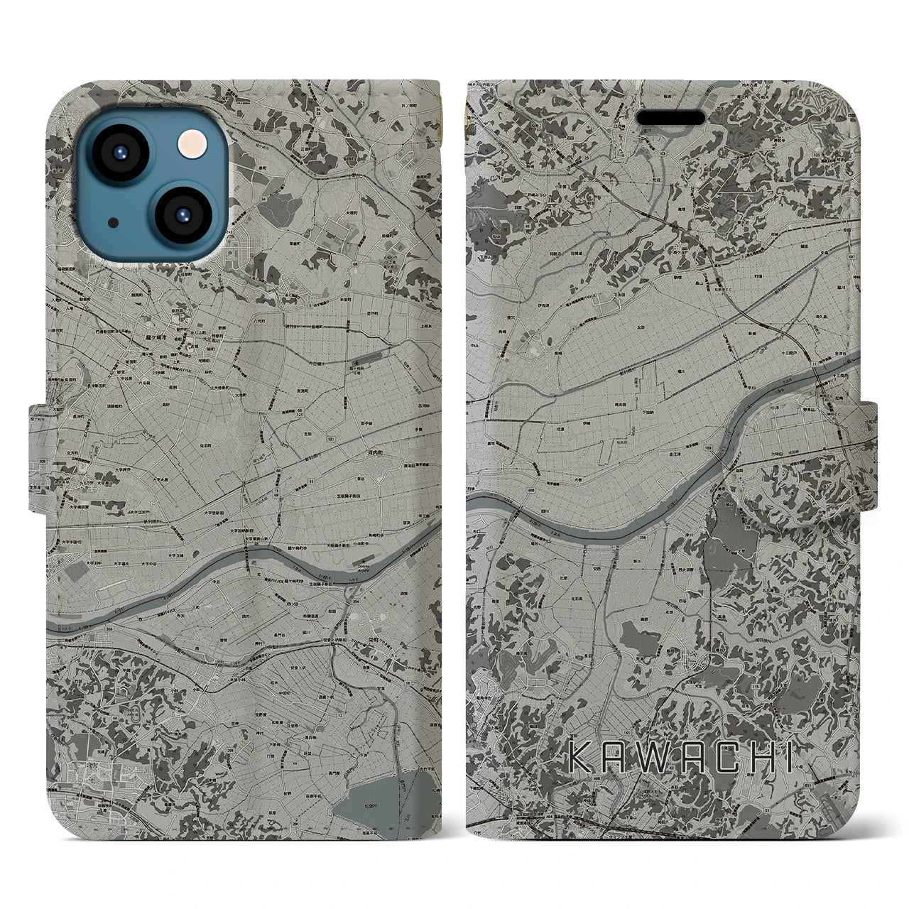 【河内(茨城県)】地図柄iPhoneケース(手帳タイプ)モノトーン・iPhone 13 用