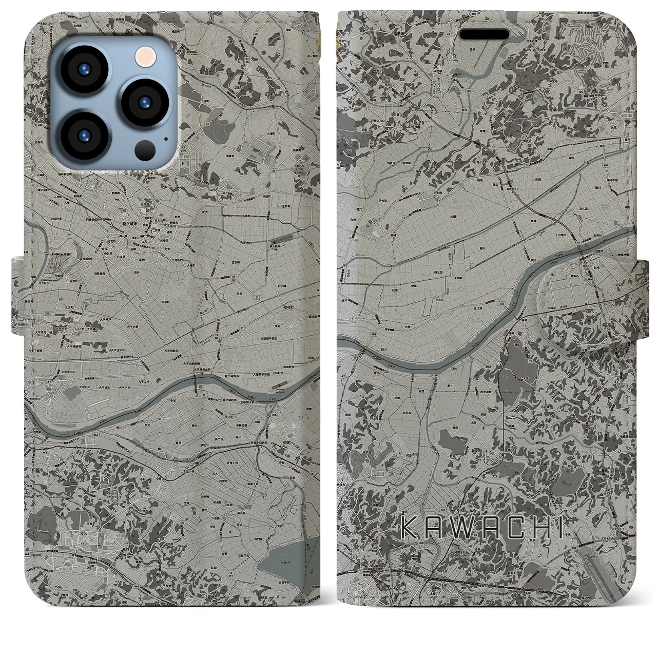 【河内(茨城県)】地図柄iPhoneケース(手帳タイプ)モノトーン・iPhone 13 Pro Max 用
