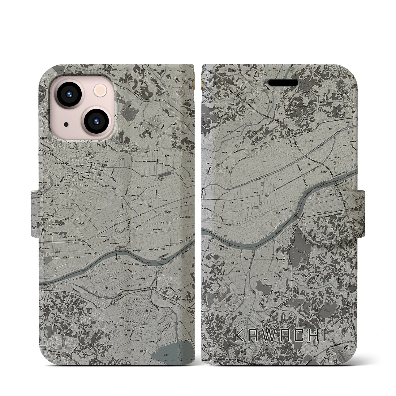 【河内(茨城県)】地図柄iPhoneケース(手帳タイプ)モノトーン・iPhone 13 mini 用