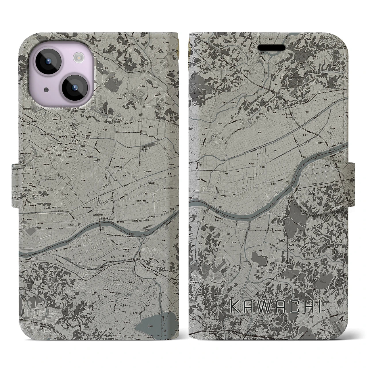 【河内(茨城県)】地図柄iPhoneケース(手帳タイプ)モノトーン・iPhone 14 用