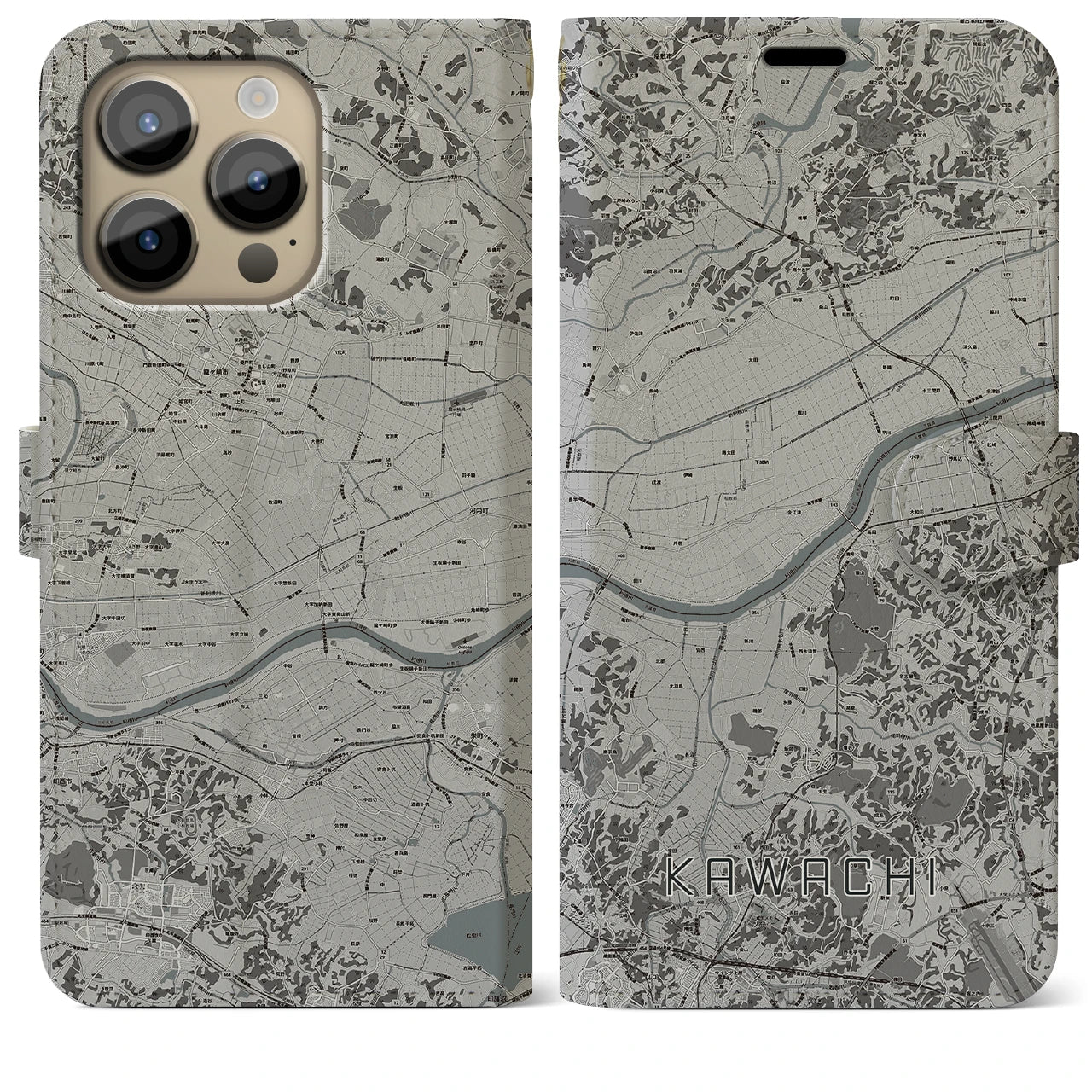 【河内(茨城県)】地図柄iPhoneケース(手帳タイプ)モノトーン・iPhone 14 Pro Max 用