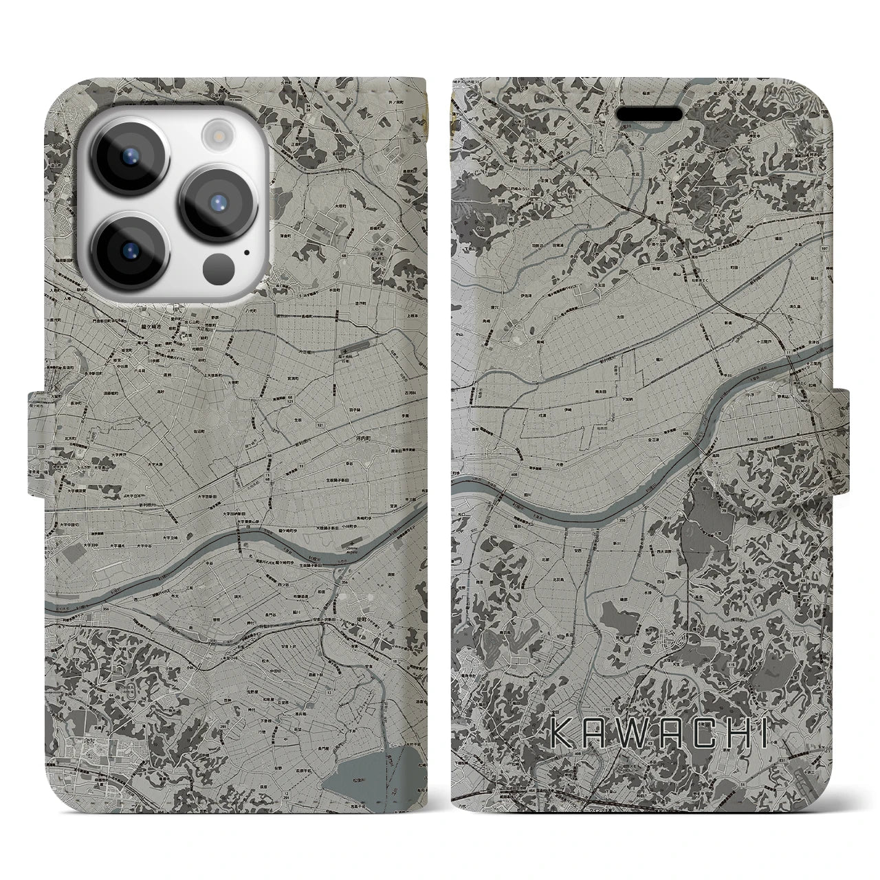 【河内(茨城県)】地図柄iPhoneケース(手帳タイプ)モノトーン・iPhone 14 Pro 用