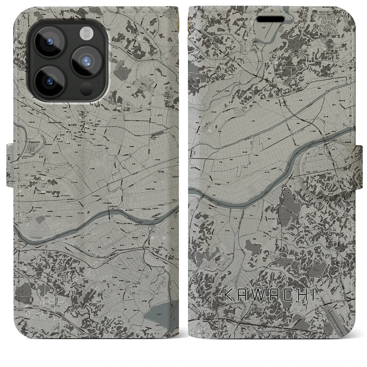 【河内(茨城県)】地図柄iPhoneケース(手帳タイプ)モノトーン・iPhone 15 Pro Max 用