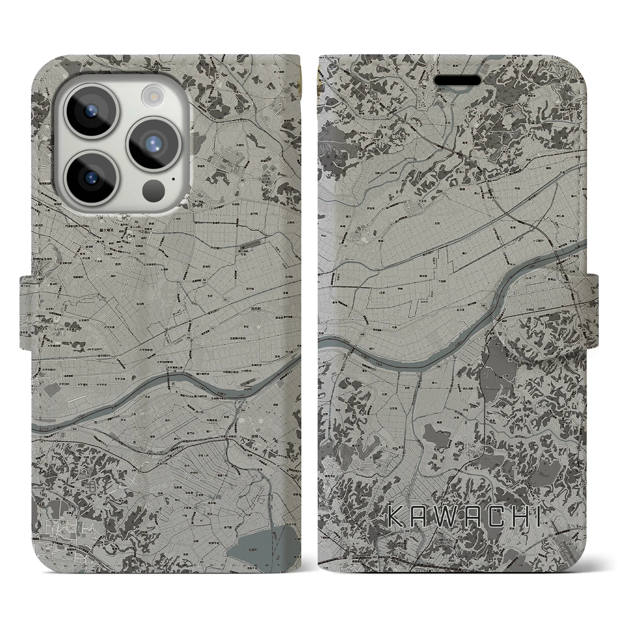 【河内(茨城県)】地図柄iPhoneケース(手帳タイプ)モノトーン・iPhone 15 Pro 用