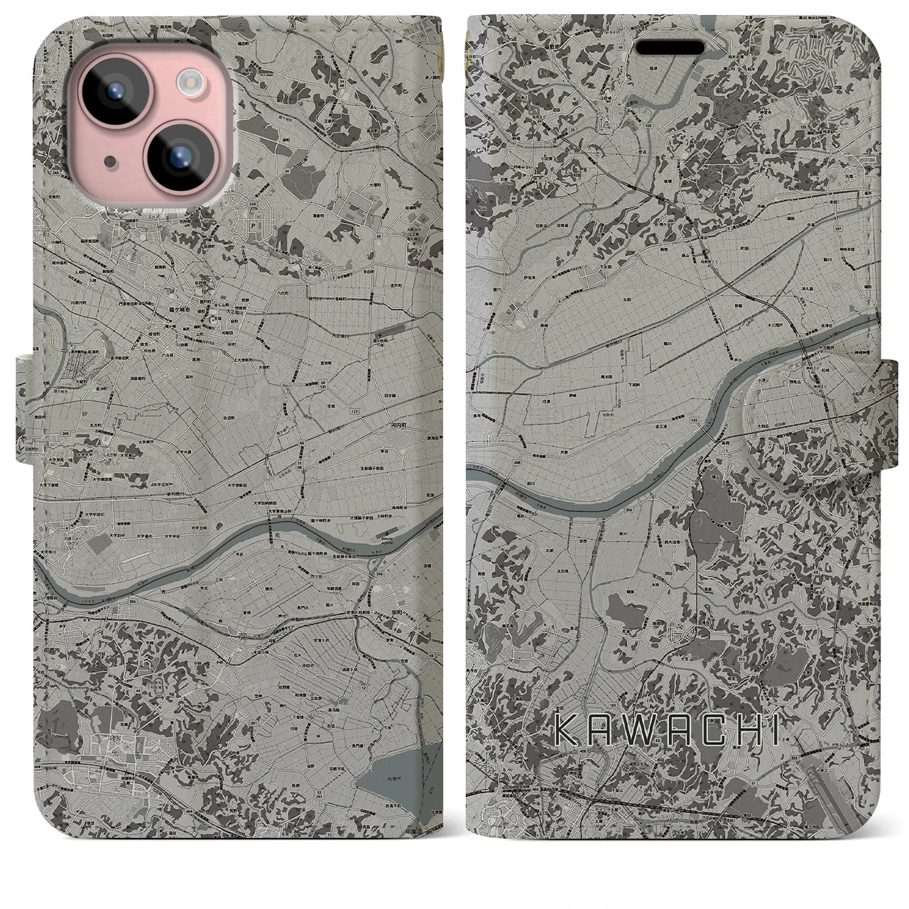 【河内(茨城県)】地図柄iPhoneケース(手帳タイプ)モノトーン・iPhone 15 Plus 用