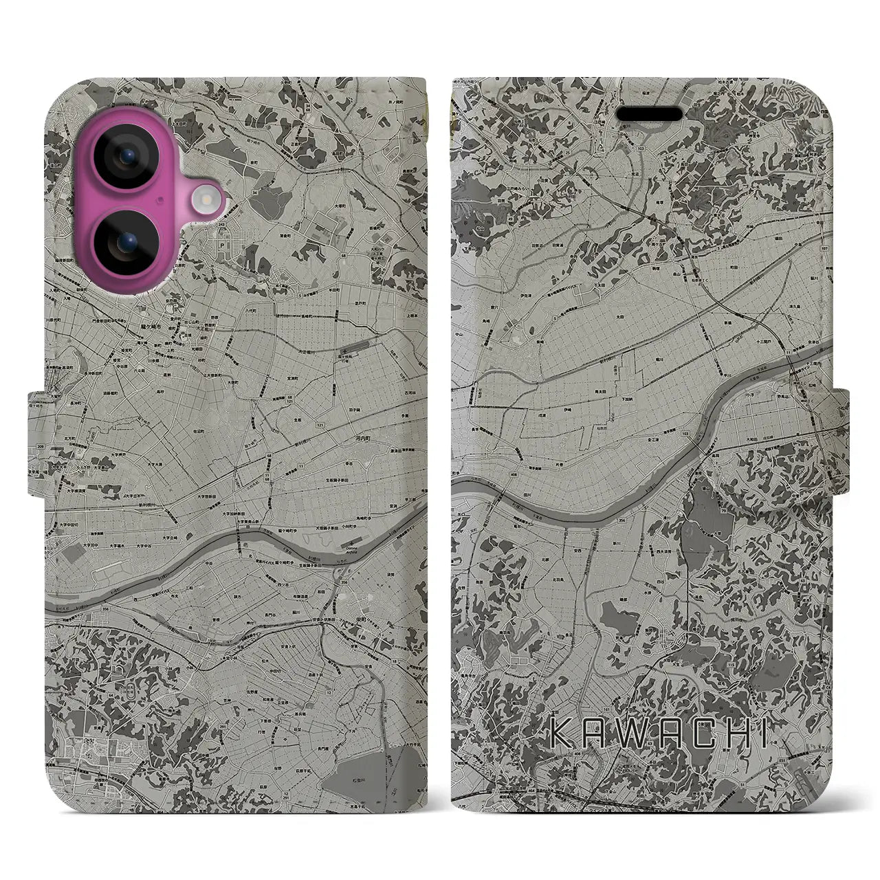 【河内(茨城県)】地図柄iPhoneケース(手帳タイプ)モノトーン・iPhone 16 Pro 用