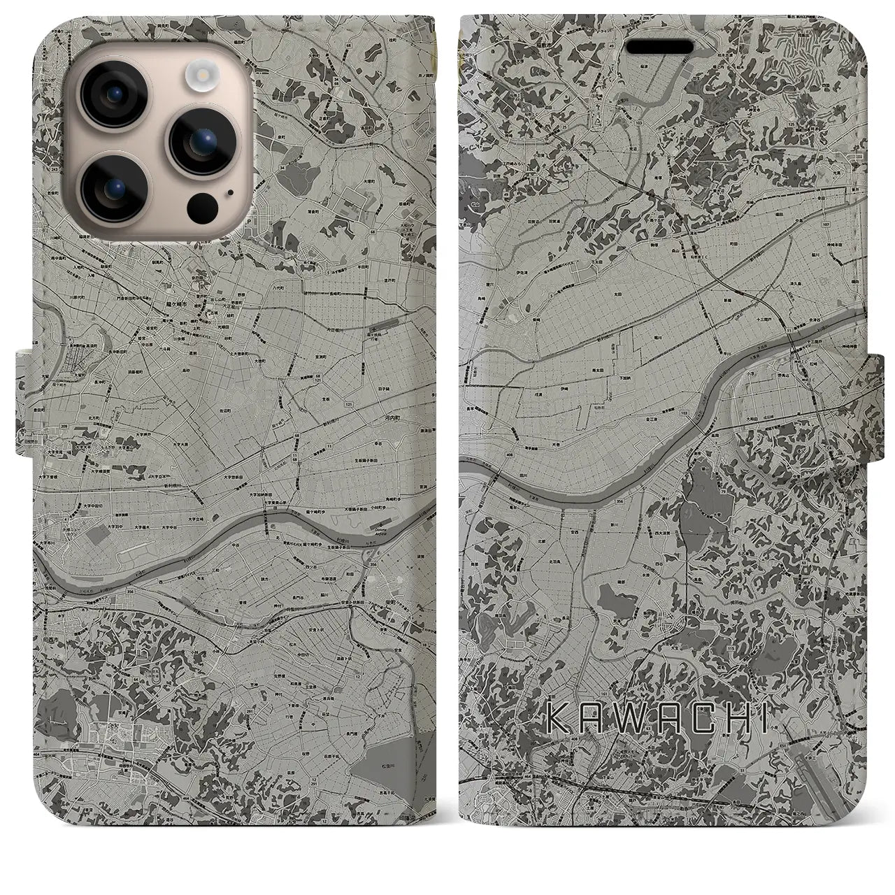 【河内(茨城県)】地図柄iPhoneケース(手帳タイプ)モノトーン・iPhone 16 Plus 用