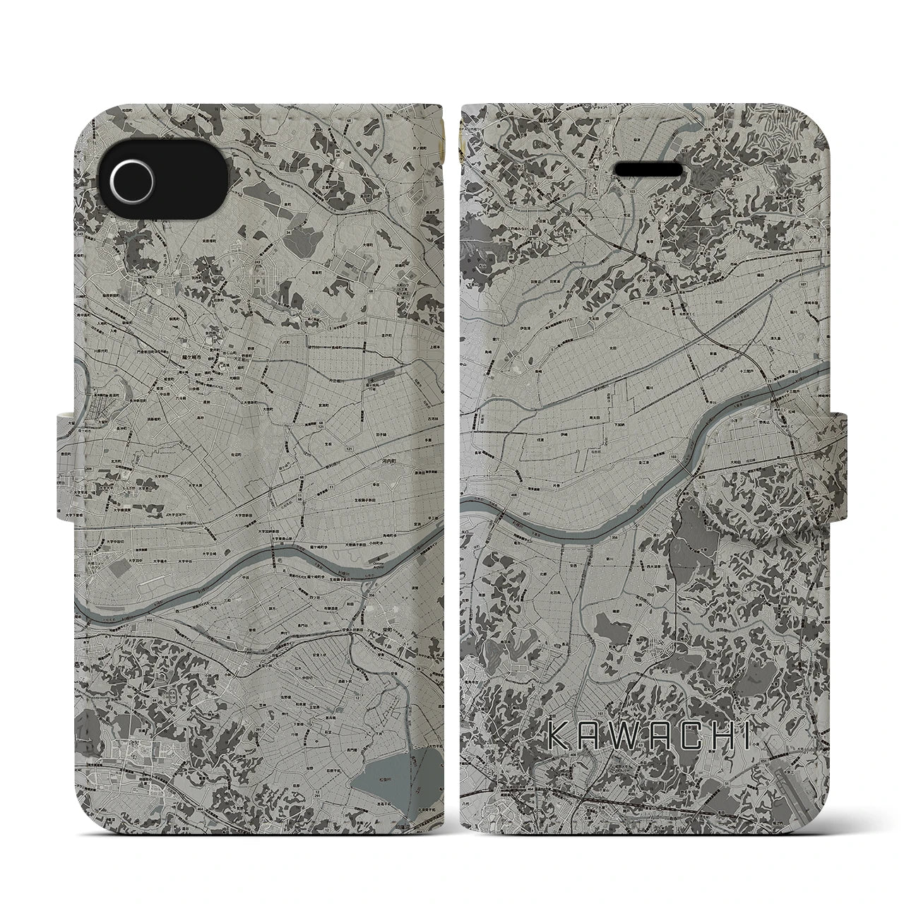 【河内(茨城県)】地図柄iPhoneケース(手帳タイプ)モノトーン・iPhone SE(第3 / 第2世代) / 8 / 7 / 6s / 6 用