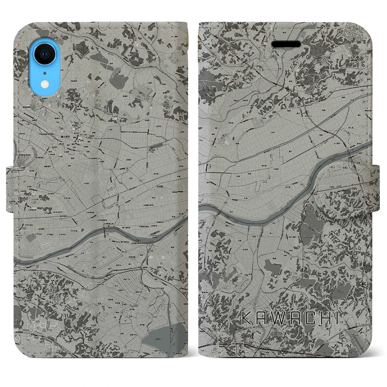 【河内(茨城県)】地図柄iPhoneケース(手帳タイプ)モノトーン・iPhone XR 用