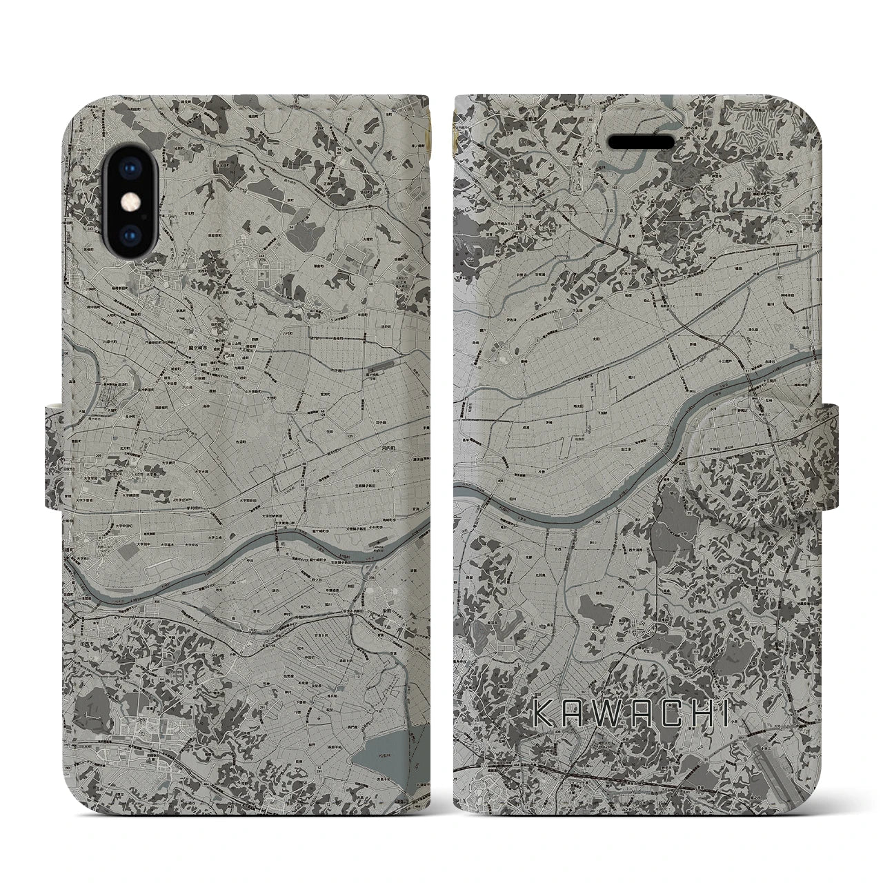 【河内(茨城県)】地図柄iPhoneケース(手帳タイプ)モノトーン・iPhone XS / X 用