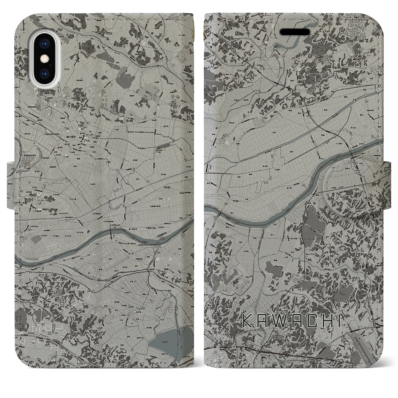 【河内(茨城県)】地図柄iPhoneケース(手帳タイプ)モノトーン・iPhone XS Max 用