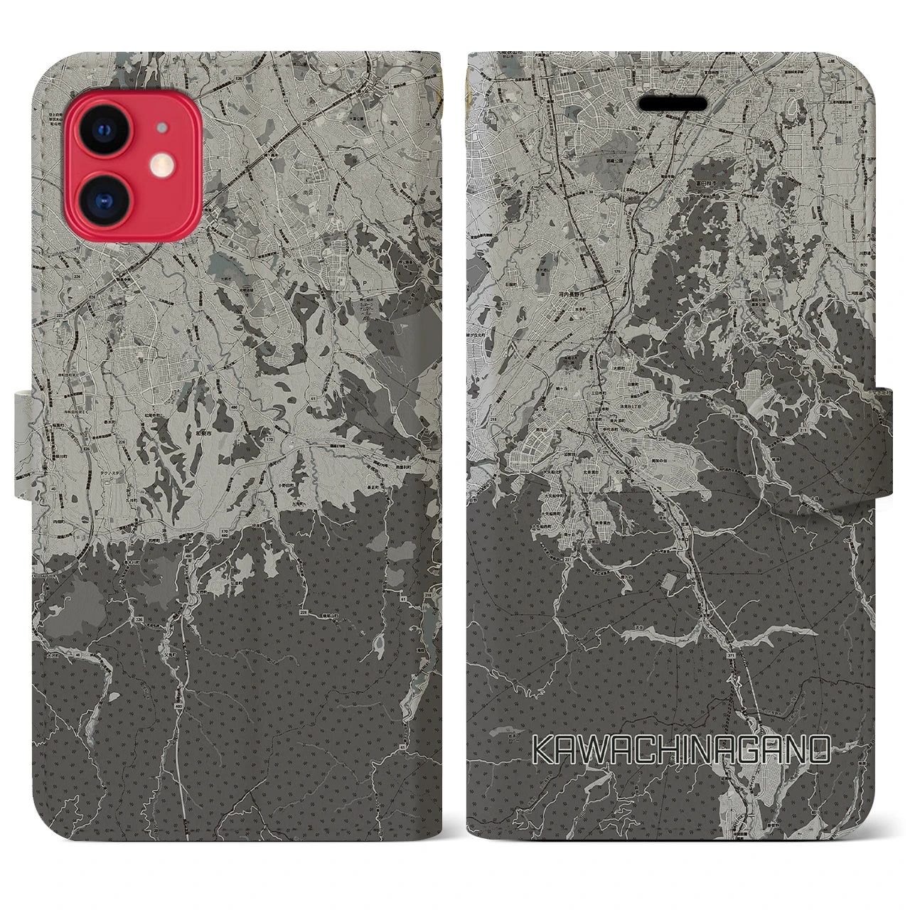 【河内長野(大阪府)】地図柄iPhoneケース(手帳タイプ)モノトーン・iPhone 11 用