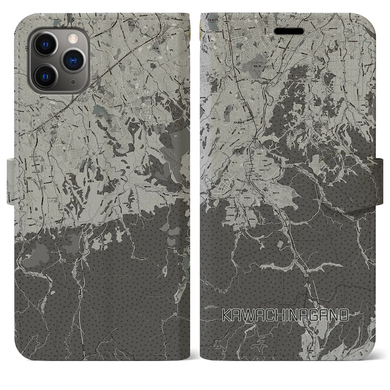 【河内長野(大阪府)】地図柄iPhoneケース(手帳タイプ)モノトーン・iPhone 11 Pro Max 用