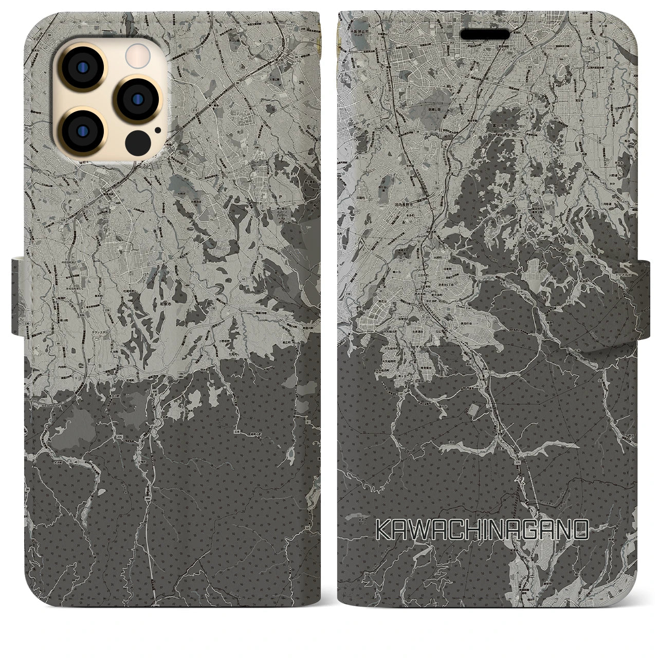 【河内長野(大阪府)】地図柄iPhoneケース(手帳タイプ)モノトーン・iPhone 12 Pro Max 用