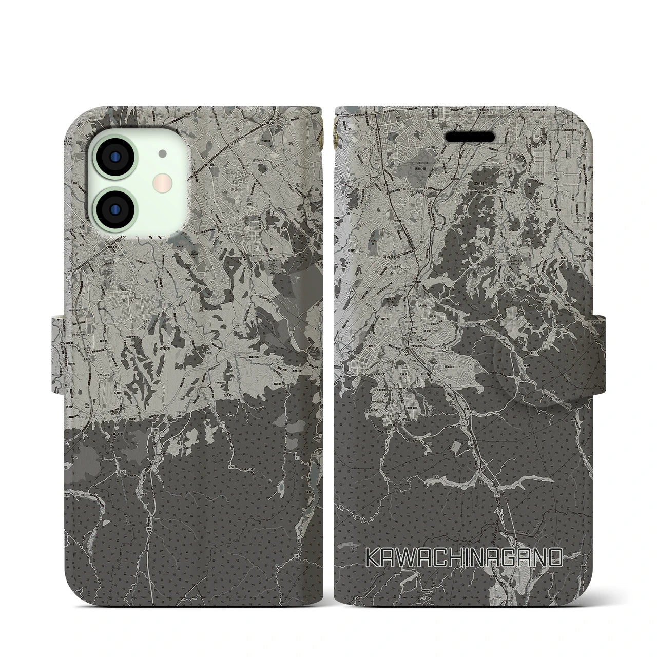 【河内長野(大阪府)】地図柄iPhoneケース(手帳タイプ)モノトーン・iPhone 12 mini 用