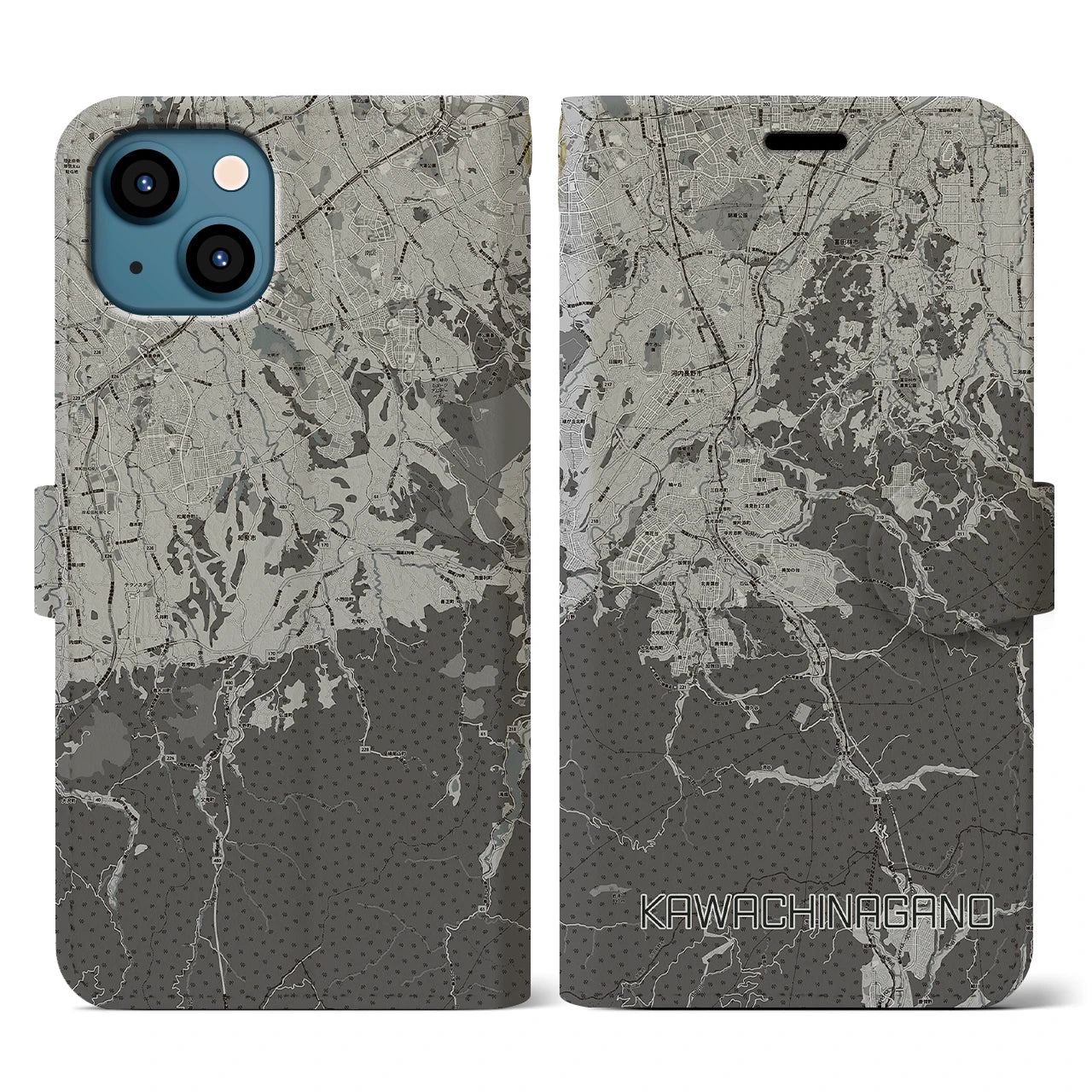 【河内長野(大阪府)】地図柄iPhoneケース(手帳タイプ)モノトーン・iPhone 13 用