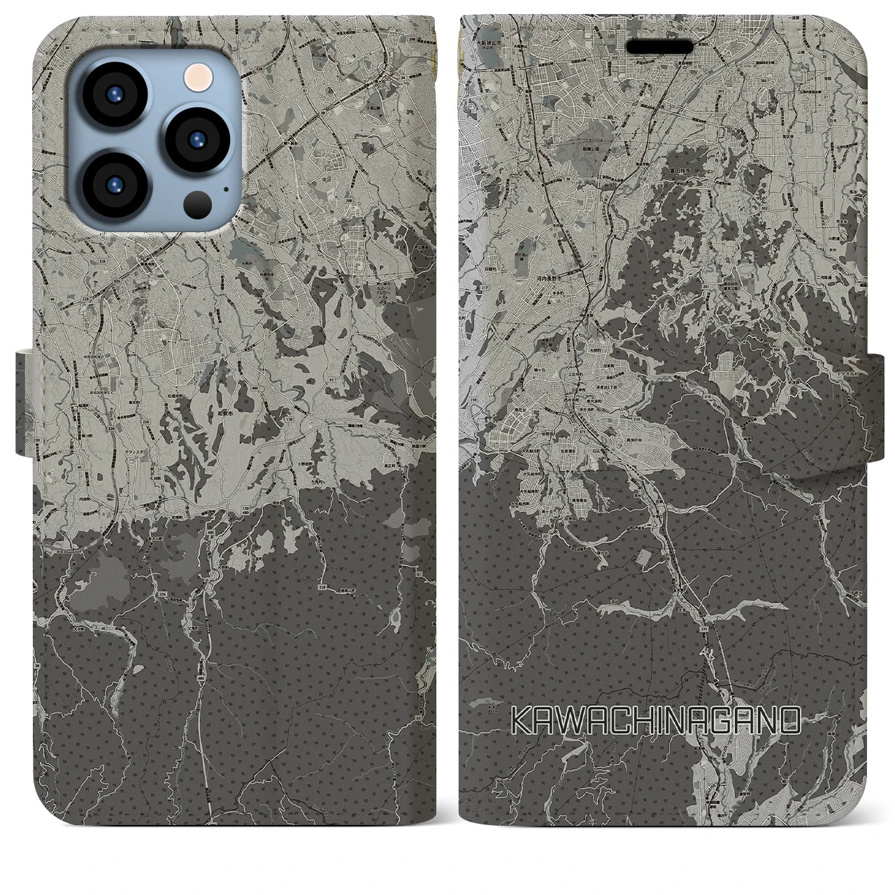 【河内長野(大阪府)】地図柄iPhoneケース(手帳タイプ)モノトーン・iPhone 13 Pro Max 用