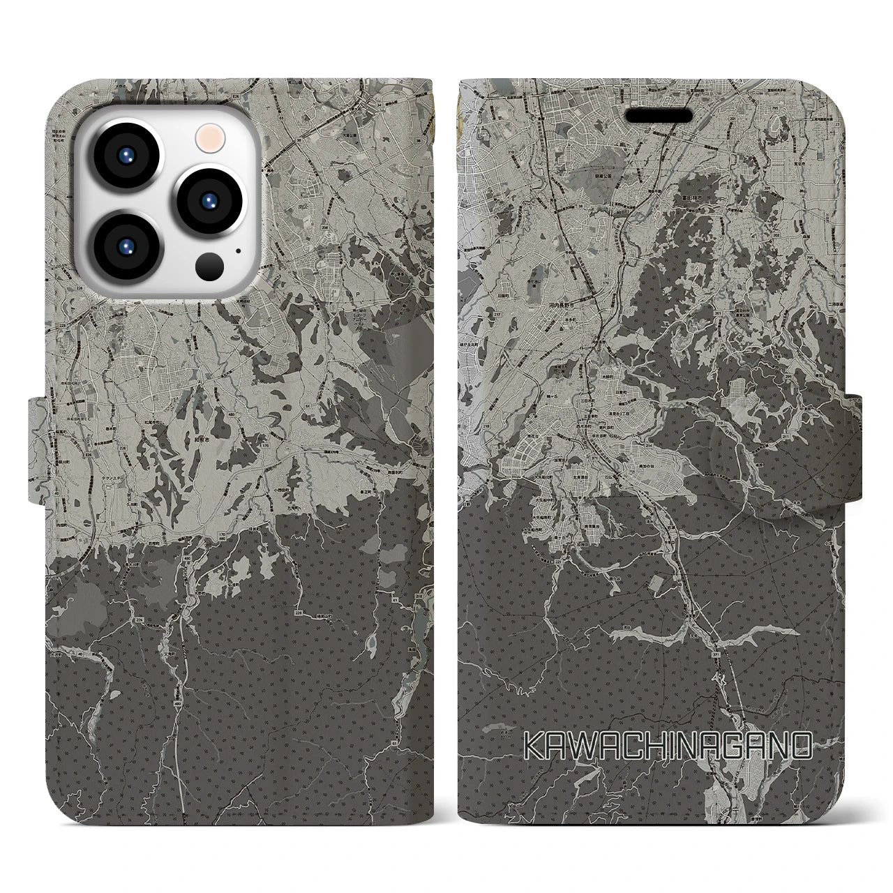 【河内長野(大阪府)】地図柄iPhoneケース(手帳タイプ)モノトーン・iPhone 13 Pro 用