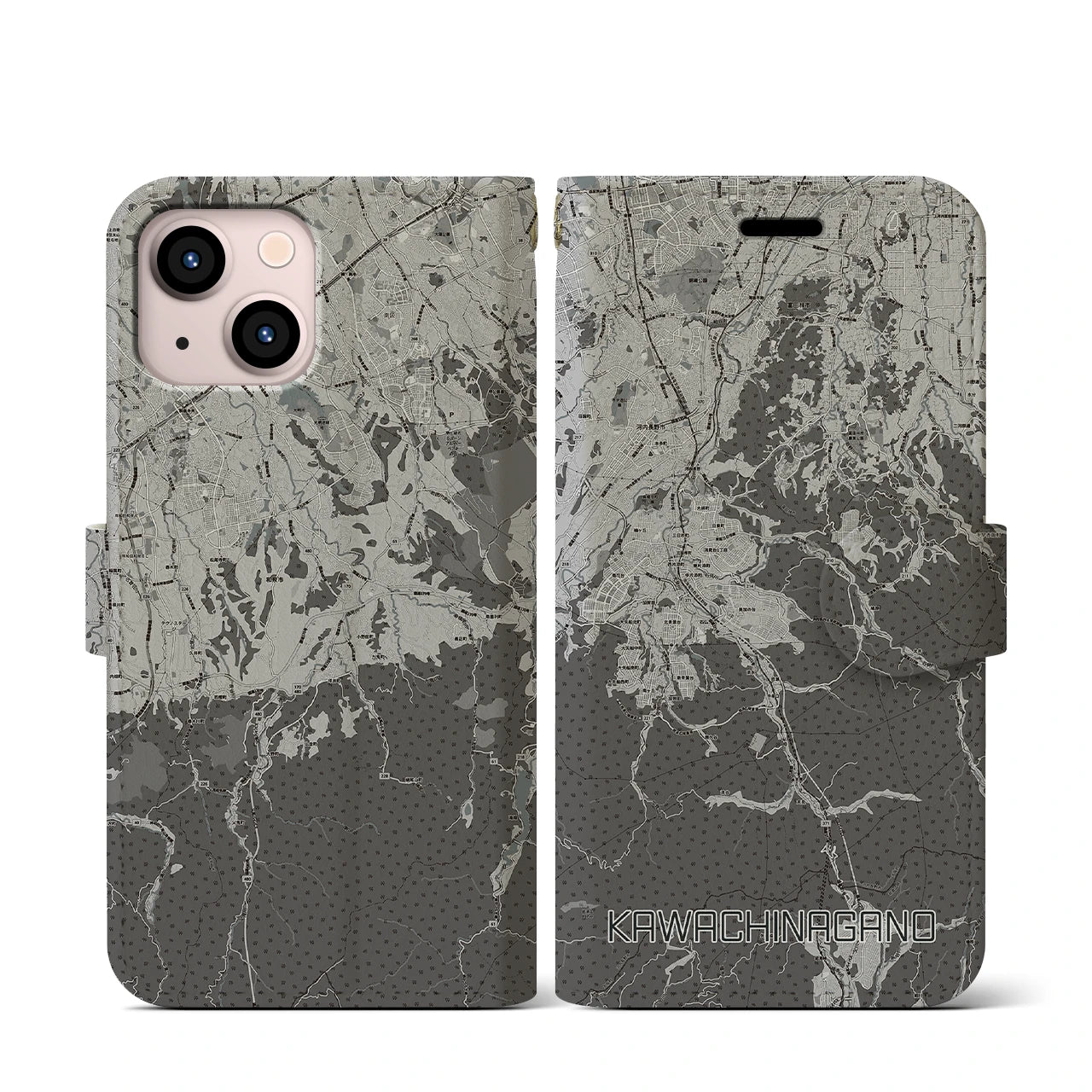 【河内長野(大阪府)】地図柄iPhoneケース(手帳タイプ)モノトーン・iPhone 13 mini 用