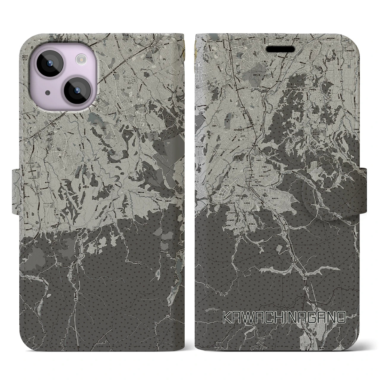 【河内長野(大阪府)】地図柄iPhoneケース(手帳タイプ)モノトーン・iPhone 14 用