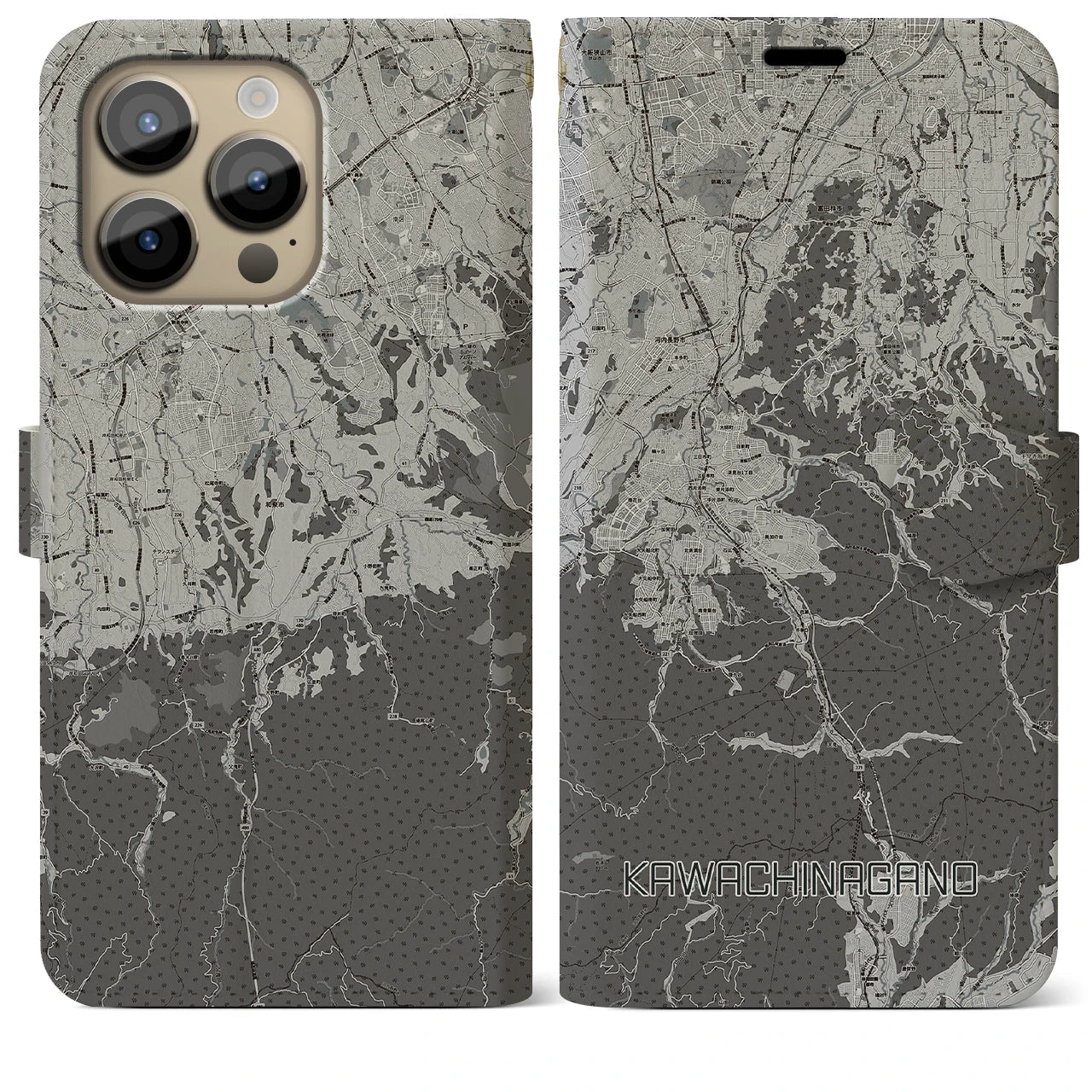 【河内長野(大阪府)】地図柄iPhoneケース(手帳タイプ)モノトーン・iPhone 14 Pro Max 用