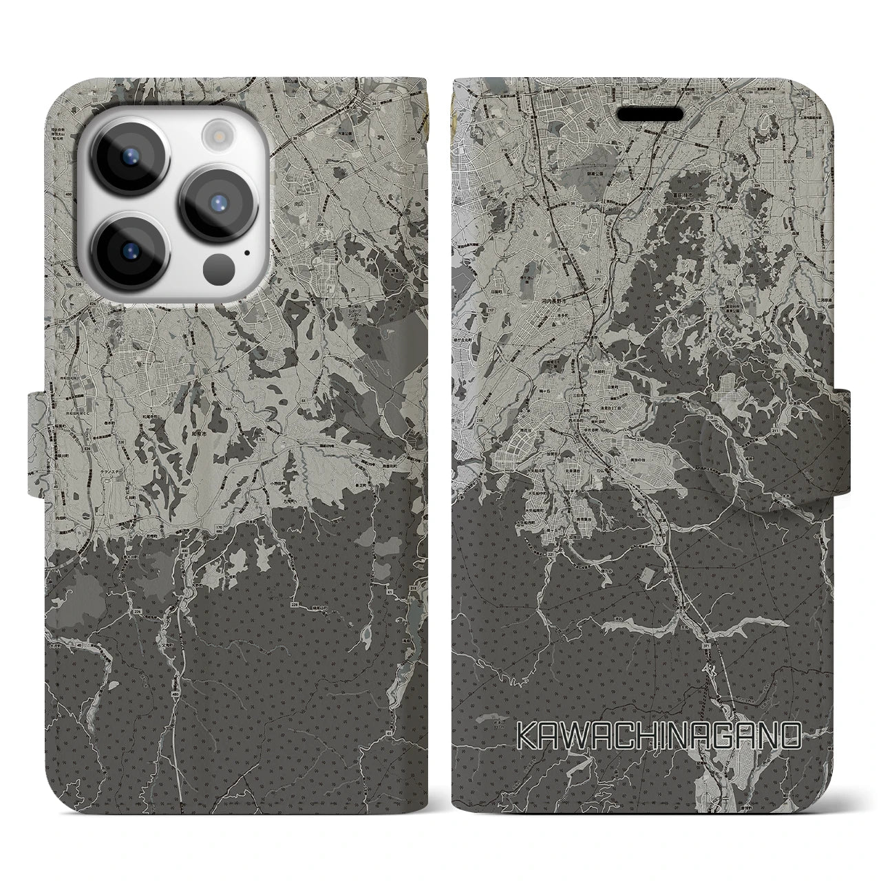 【河内長野(大阪府)】地図柄iPhoneケース(手帳タイプ)モノトーン・iPhone 14 Pro 用