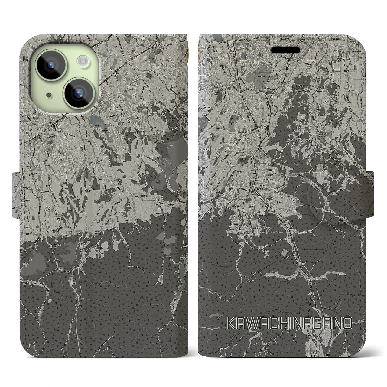 【河内長野(大阪府)】地図柄iPhoneケース(手帳タイプ)モノトーン・iPhone 15 用