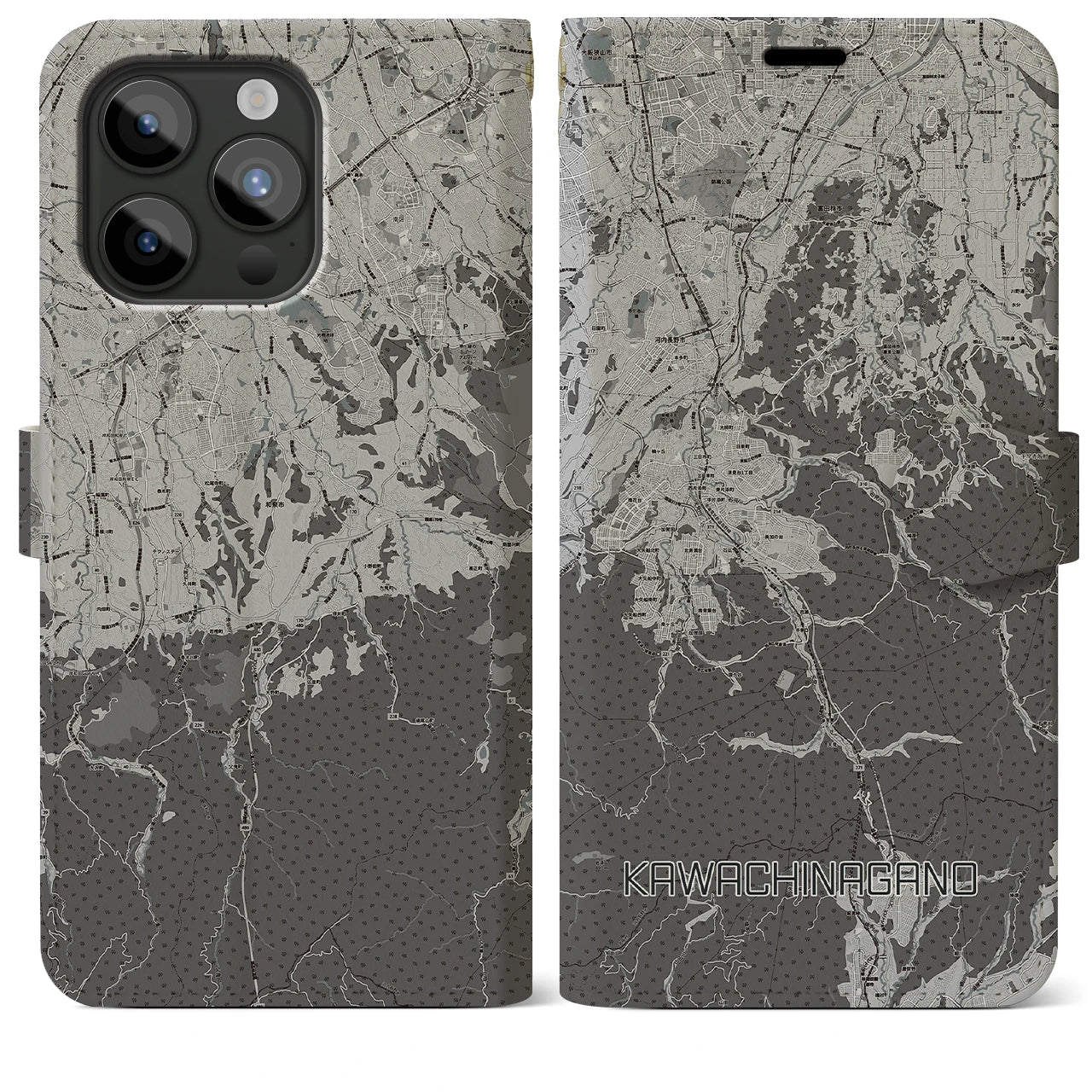 【河内長野(大阪府)】地図柄iPhoneケース(手帳タイプ)モノトーン・iPhone 15 Pro Max 用
