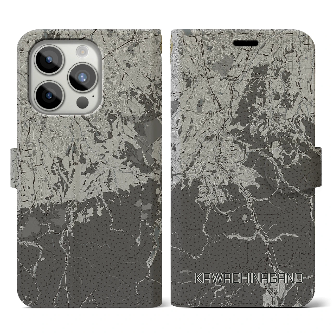【河内長野(大阪府)】地図柄iPhoneケース(手帳タイプ)モノトーン・iPhone 15 Pro 用