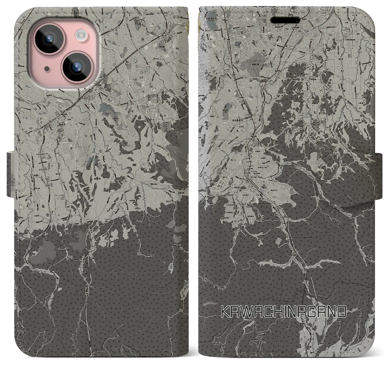 【河内長野(大阪府)】地図柄iPhoneケース(手帳タイプ)モノトーン・iPhone 15 Plus 用