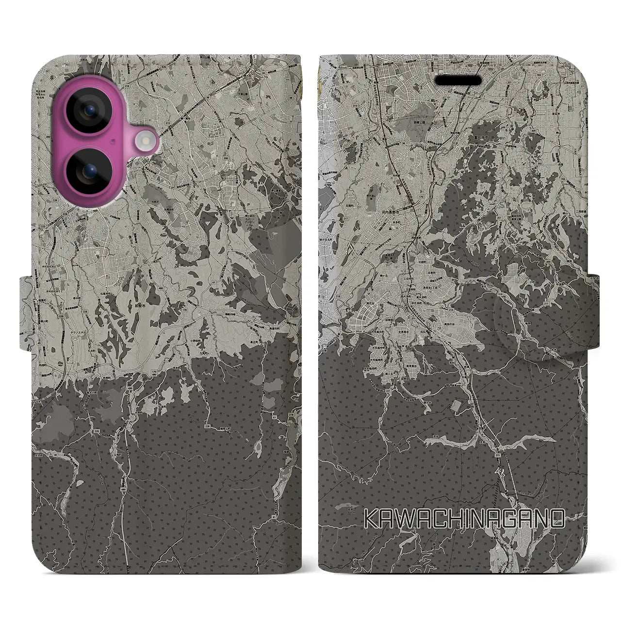 【河内長野(大阪府)】地図柄iPhoneケース(手帳タイプ)モノトーン・iPhone 16 Pro 用