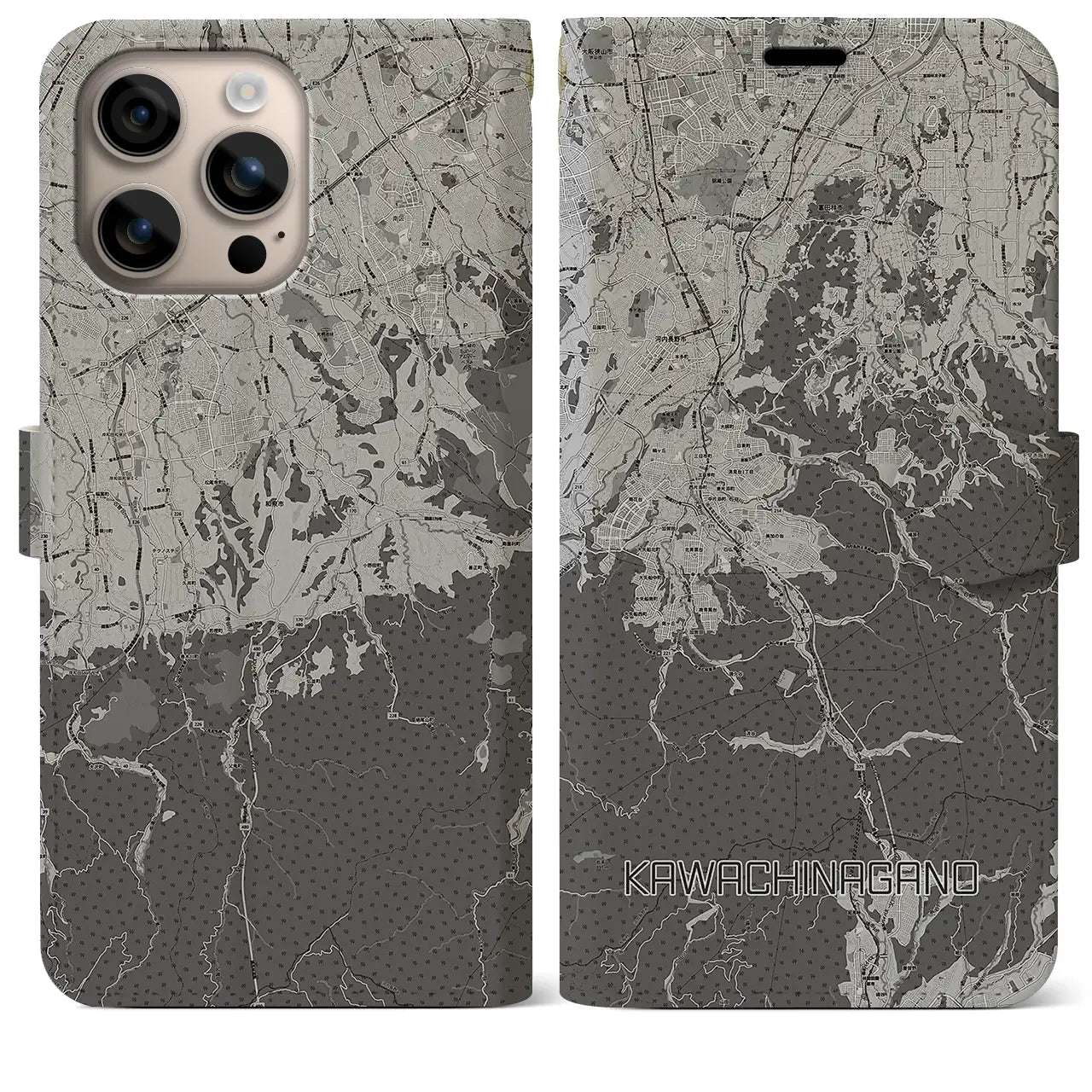 【河内長野(大阪府)】地図柄iPhoneケース(手帳タイプ)モノトーン・iPhone 16 Plus 用
