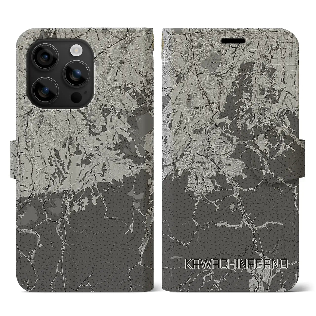 【河内長野(大阪府)】地図柄iPhoneケース(手帳タイプ)モノトーン・iPhone 16 用