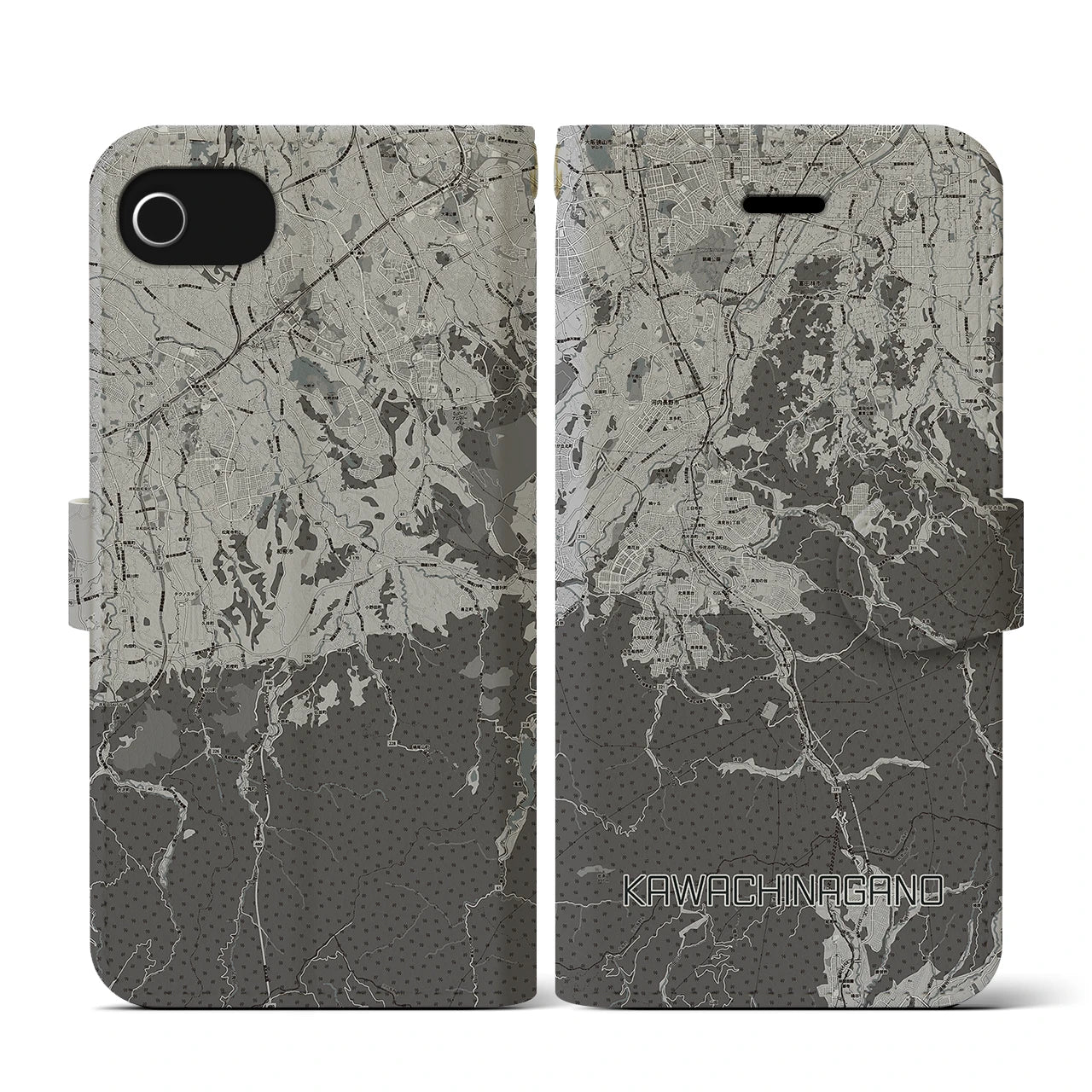 【河内長野(大阪府)】地図柄iPhoneケース(手帳タイプ)モノトーン・iPhone SE(第3 / 第2世代) / 8 / 7 / 6s / 6 用