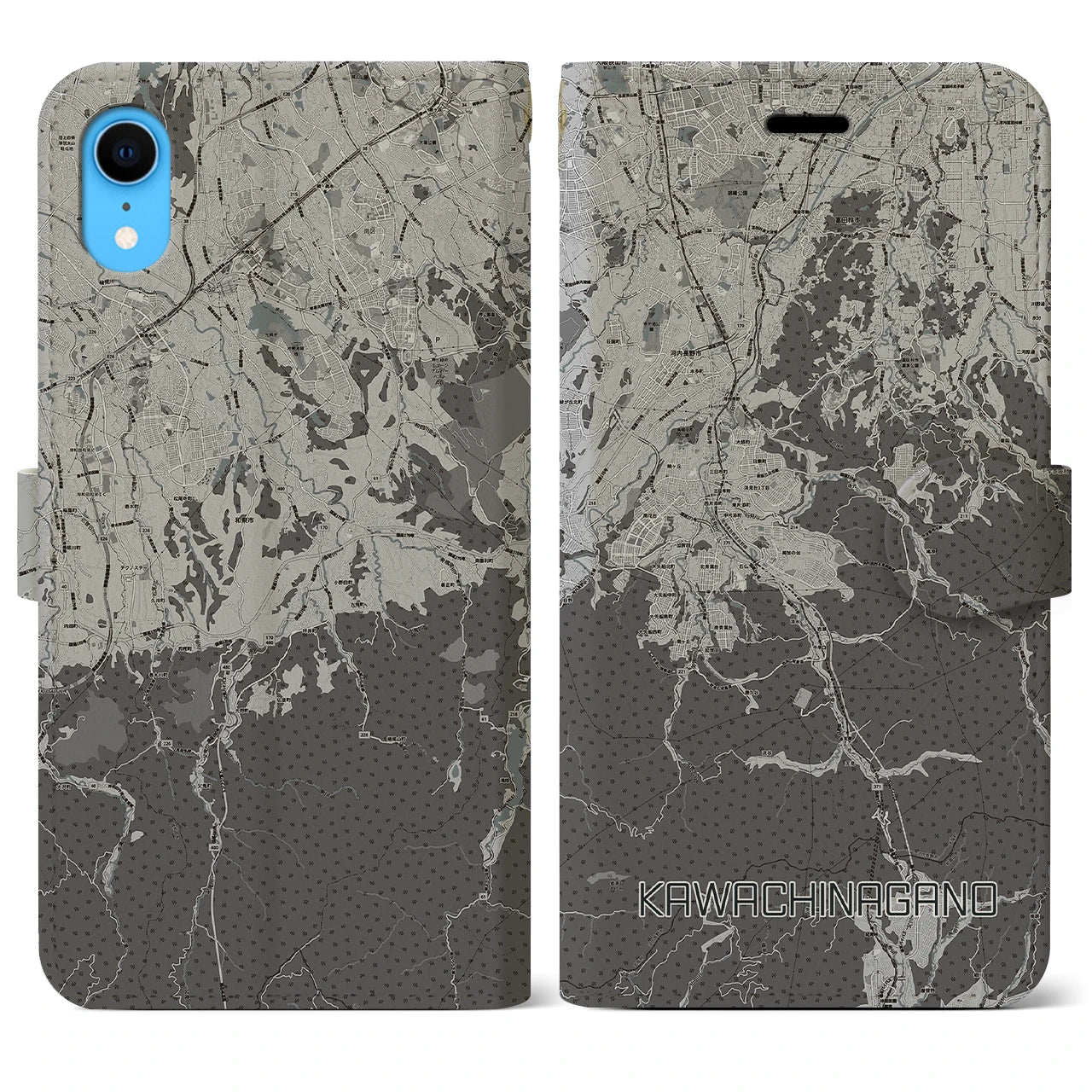 【河内長野(大阪府)】地図柄iPhoneケース(手帳タイプ)モノトーン・iPhone XR 用