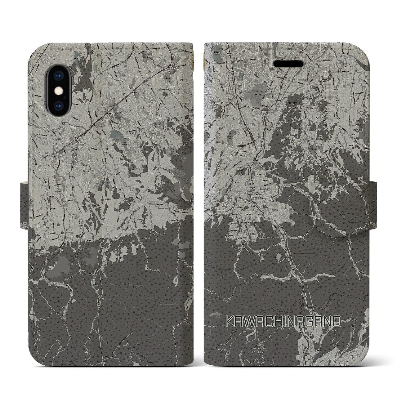 【河内長野(大阪府)】地図柄iPhoneケース(手帳タイプ)モノトーン・iPhone XS / X 用