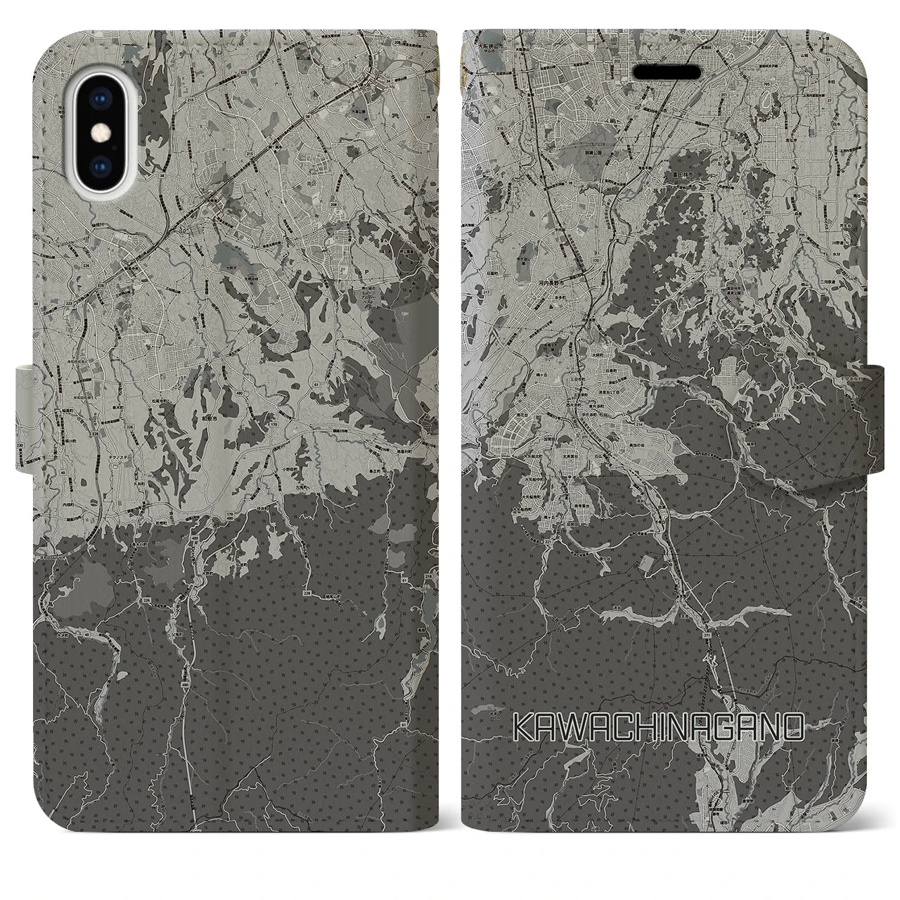 【河内長野(大阪府)】地図柄iPhoneケース(手帳タイプ)モノトーン・iPhone XS Max 用