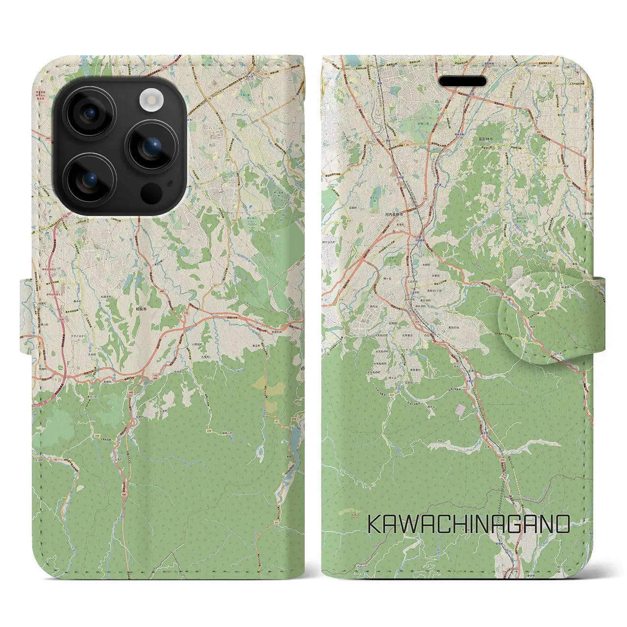 【河内長野(大阪府)】地図柄iPhoneケース(手帳タイプ)ナチュラル・iPhone 16 用