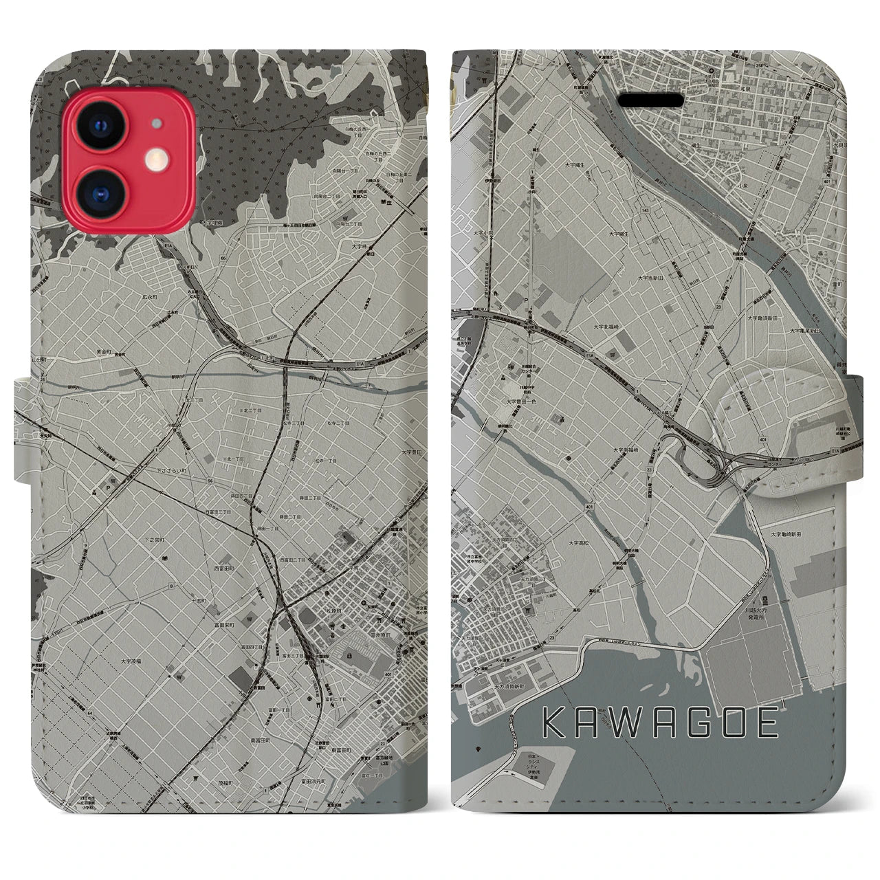 【川越(三重県)】地図柄iPhoneケース(手帳タイプ)モノトーン・iPhone 11 用