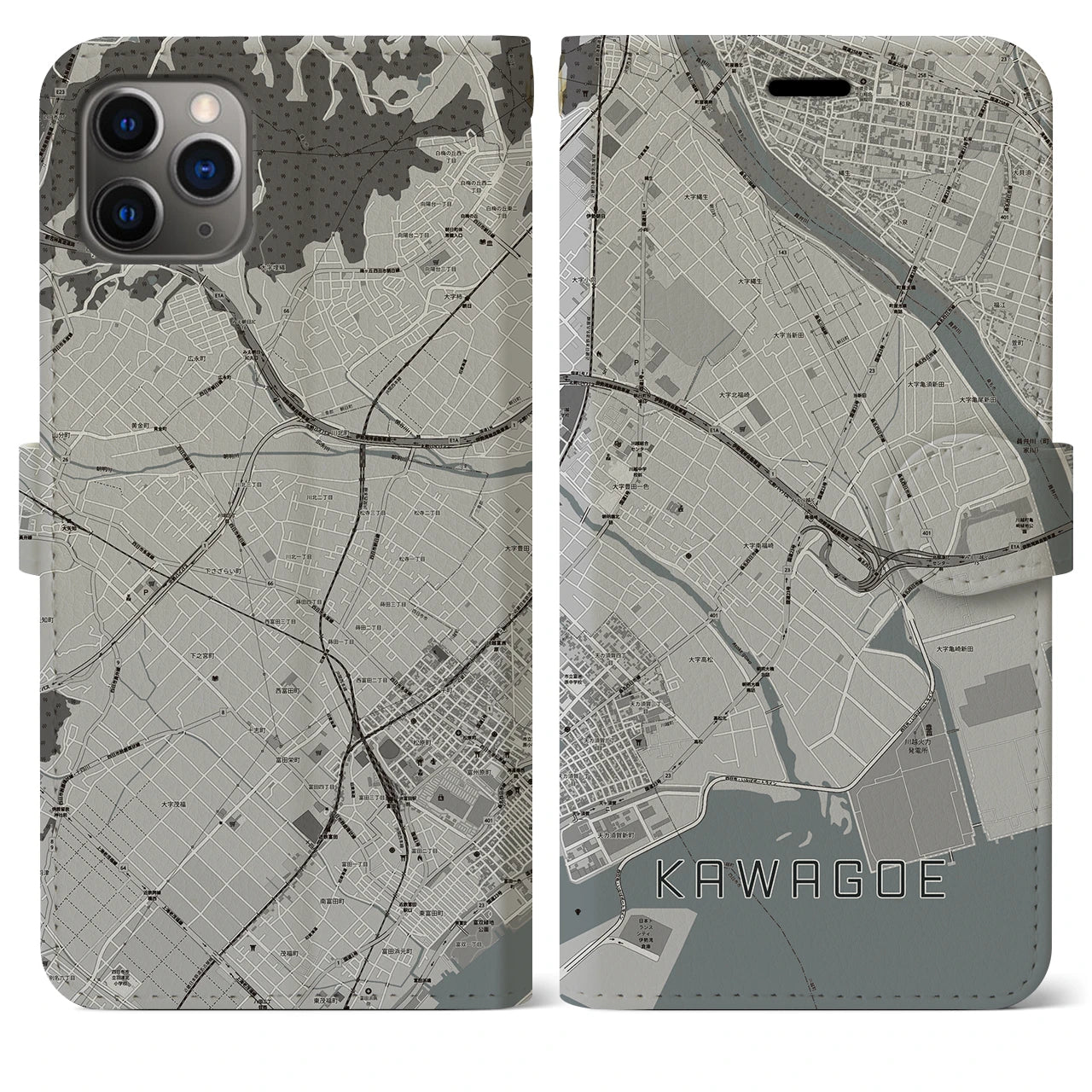 【川越(三重県)】地図柄iPhoneケース(手帳タイプ)モノトーン・iPhone 11 Pro Max 用