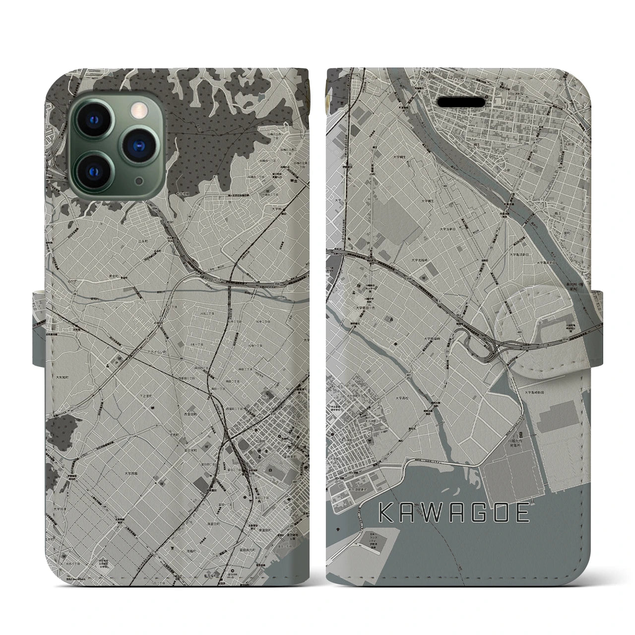 【川越(三重県)】地図柄iPhoneケース(手帳タイプ)モノトーン・iPhone 11 Pro 用