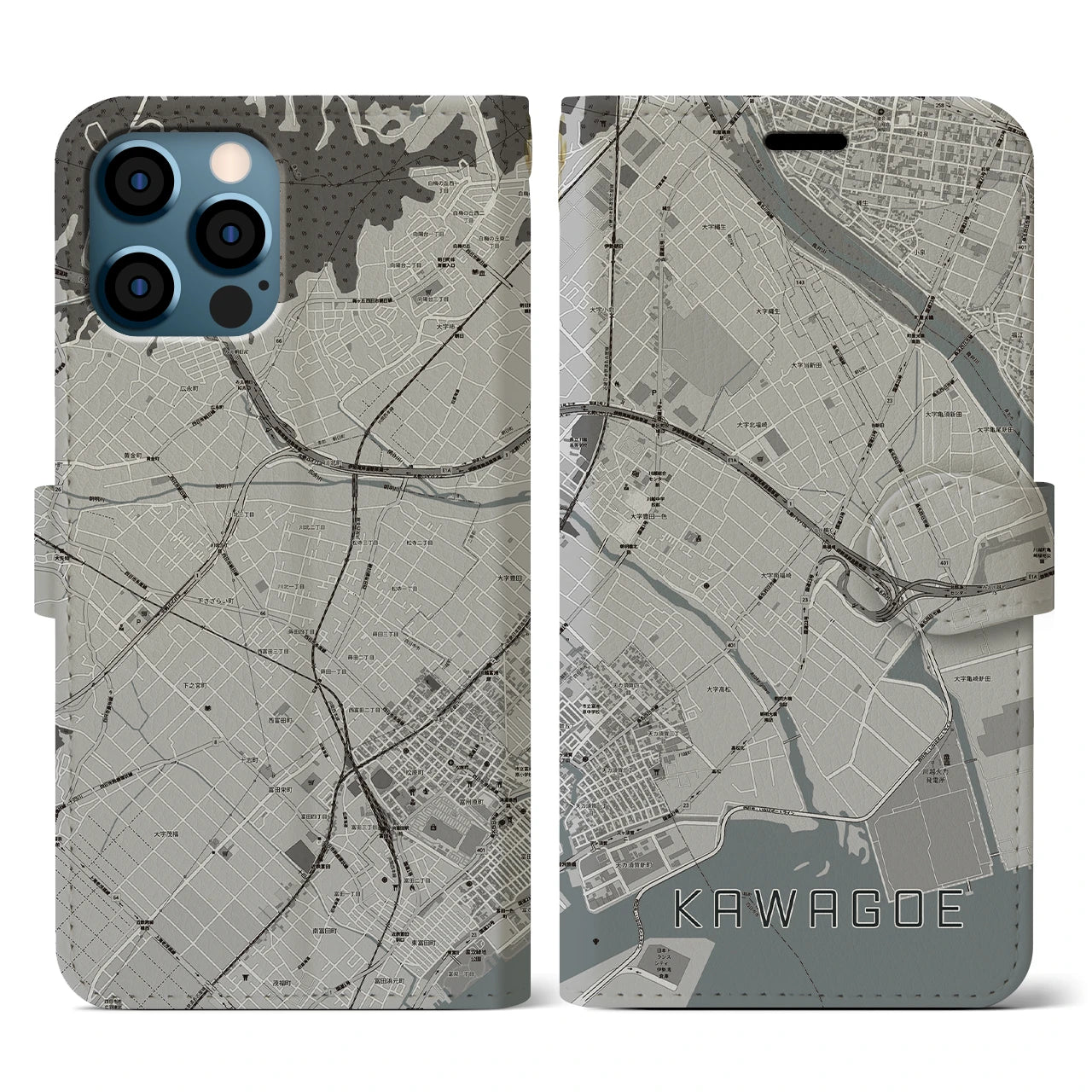 【川越(三重県)】地図柄iPhoneケース(手帳タイプ)モノトーン・iPhone 12 / 12 Pro 用