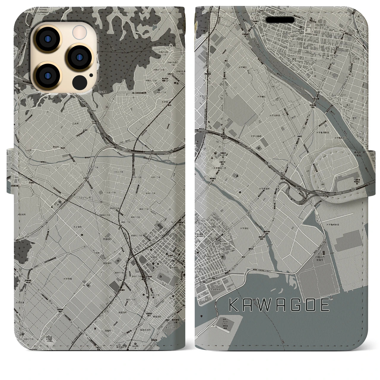 【川越(三重県)】地図柄iPhoneケース(手帳タイプ)モノトーン・iPhone 12 Pro Max 用