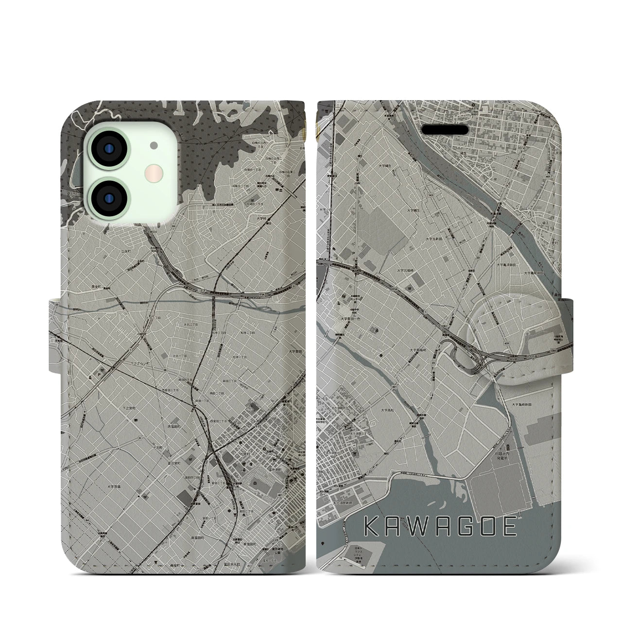 【川越(三重県)】地図柄iPhoneケース(手帳タイプ)モノトーン・iPhone 12 mini 用