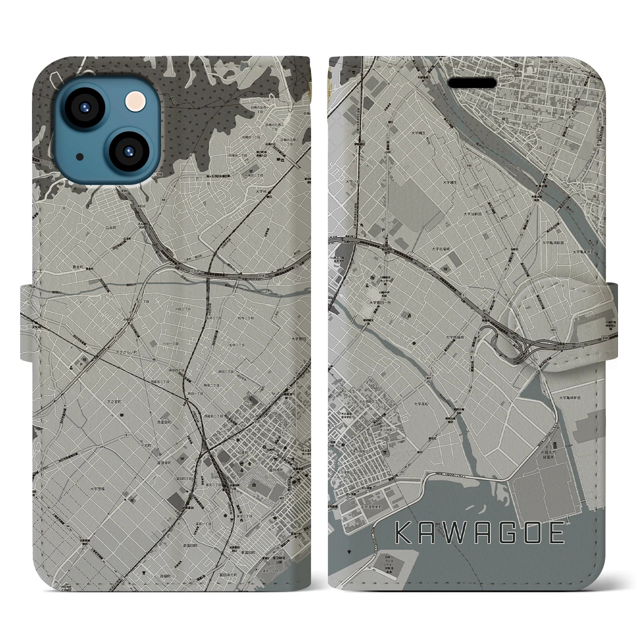 【川越(三重県)】地図柄iPhoneケース(手帳タイプ)モノトーン・iPhone 13 用