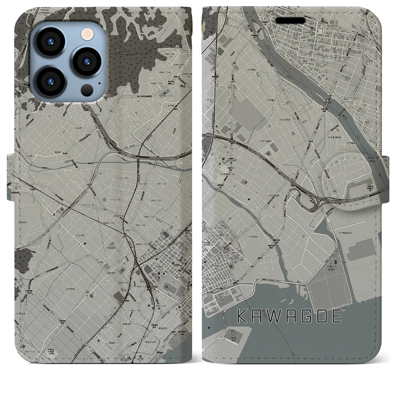 【川越(三重県)】地図柄iPhoneケース(手帳タイプ)モノトーン・iPhone 13 Pro Max 用