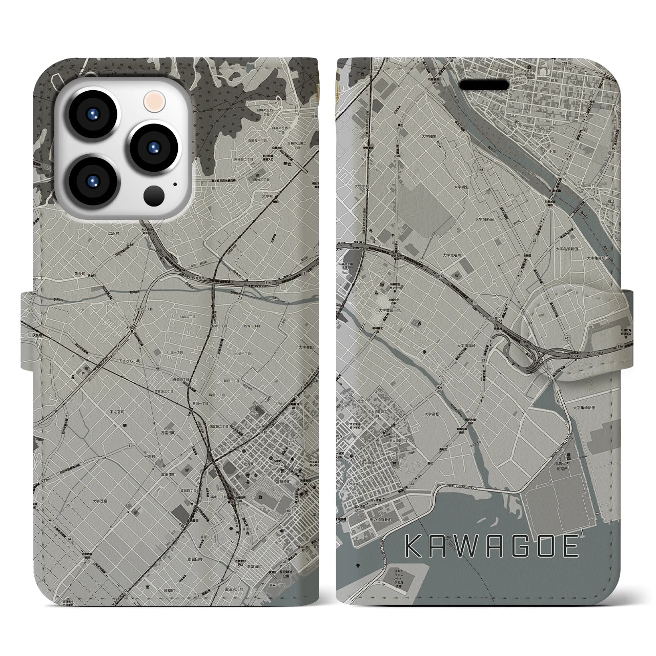 【川越(三重県)】地図柄iPhoneケース(手帳タイプ)モノトーン・iPhone 13 Pro 用